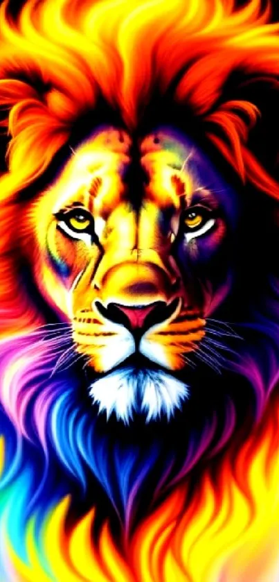 Vibrant lion with colorful mane on phone wallpaper.