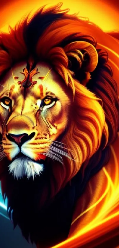 Vibrant and colorful lion artwork with swirling orange and blue hues.