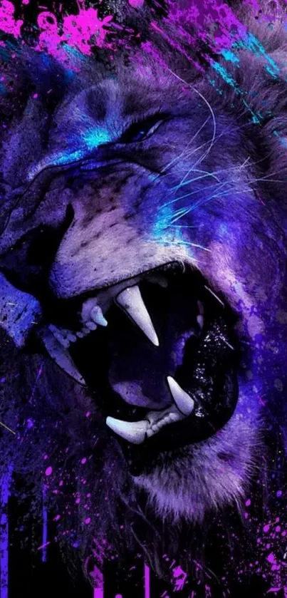 Vibrant purple and blue lion art wallpaper with expressive colors.