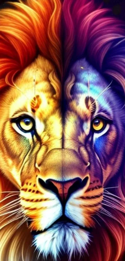 Vivid lion face with colorful mane illustration for mobile wallpaper.