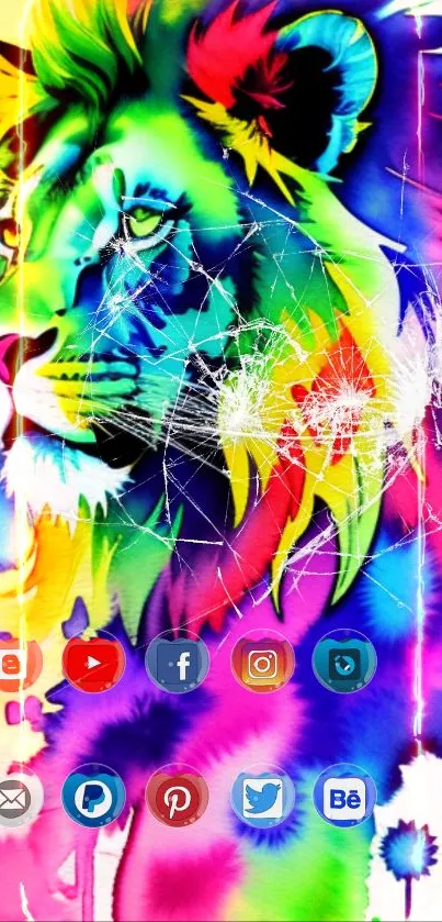 Vibrant lion art wallpaper with social media icons.