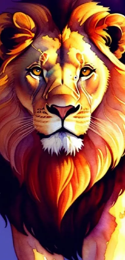 Colorful artistic lion wallpaper with vibrant orange and purple hues.