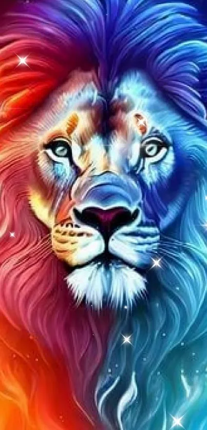 Colorful lion illustration with vibrant hues.