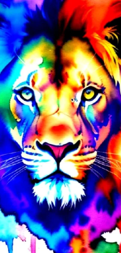 Vibrant lion artwork in bright colors on a mobile wallpaper.