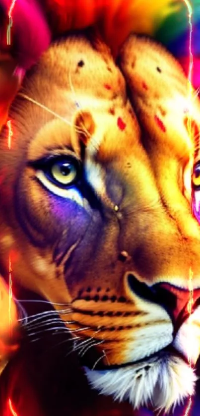 Vibrant lion head with colorful background in mobile wallpaper art.