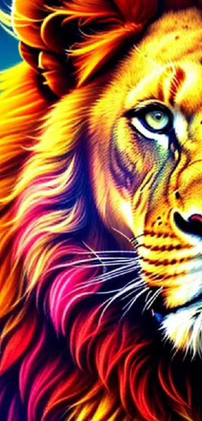 Vibrant digital painting of a colorful lion, detailed and bold in design.