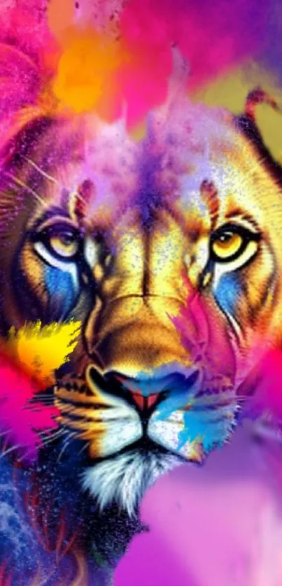 Colorful lion art with vibrant purple hues and an expressive face.