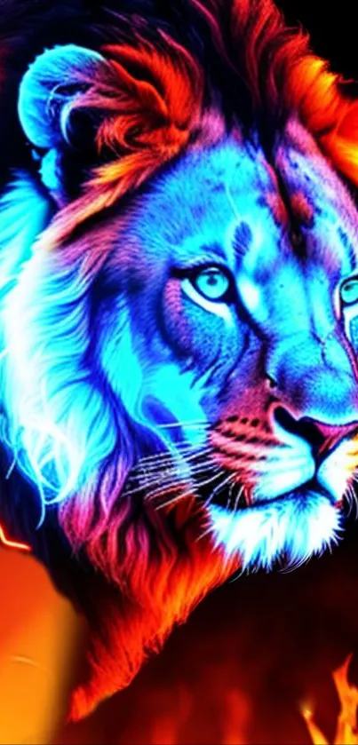 Vibrant neon lion with fiery effect, ideal for bold screens.