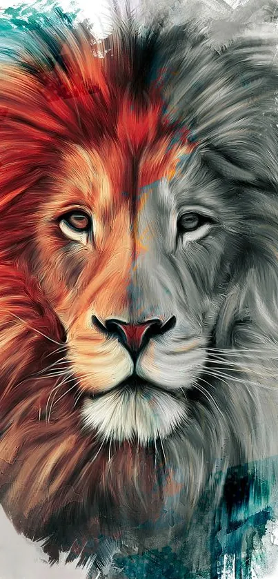 Vibrant artistic lion mobile wallpaper featuring color and grayscale blend.