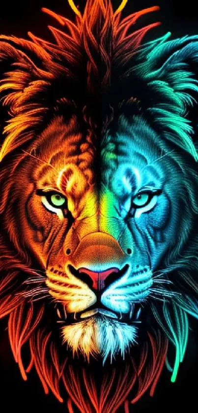 Vibrant multicolored lion art on black background.