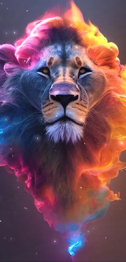 Lion with vibrant colorful mane in artistic style wallpaper.