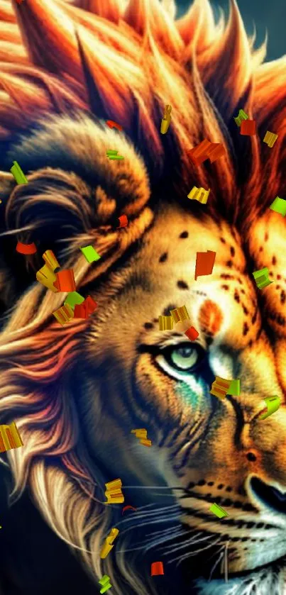 Vibrant lion artwork with colorful confetti on a mobile wallpaper.