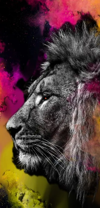 Vibrant artistic lion with colorful splashes in bold design.