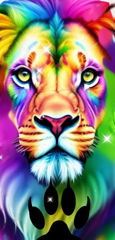 Vibrant rainbow lion artwork with bold colors and intricate design.