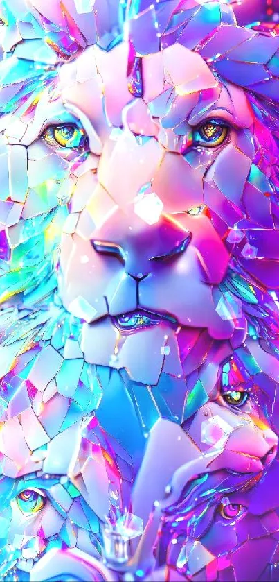 Vibrant mosaic lion artwork with neon colors on mobile wallpaper.