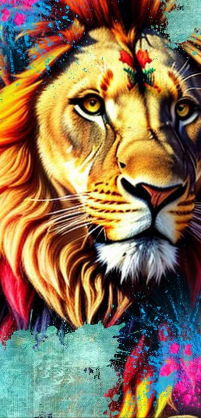 Vibrant lion artwork with colorful splash design.