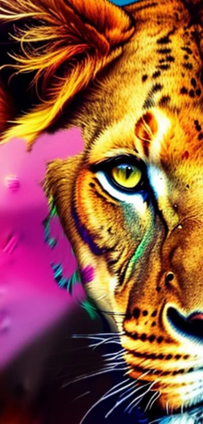 Vibrant lion artwork with colorful details on mobile wallpaper.