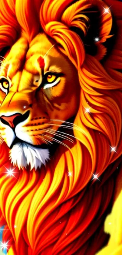 Vibrant lion artwork with bright orange mane.