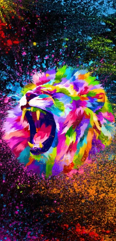 A vibrant and colorful roaring lion artwork, with splashes of bold colors.