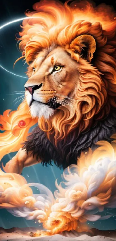 Lion with fiery mane in cosmic art style.