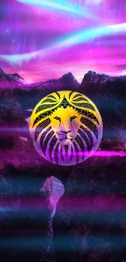 Cosmic lion face with vibrant purple and yellow hues in a surreal mountain landscape.