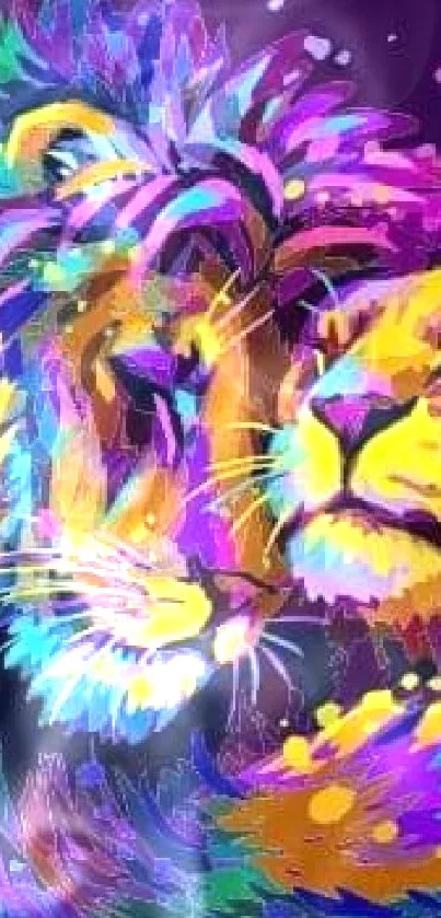 Vibrant lion couple in colorful abstract art design.