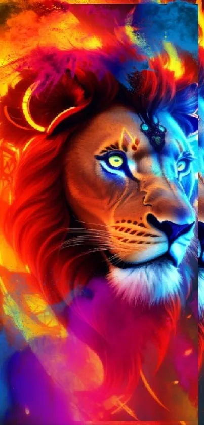 Vibrant digital lion art with orange and blue hues.