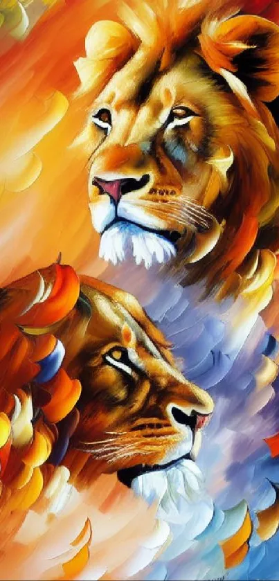 Vibrant digital art of lions in a swirl of colors.