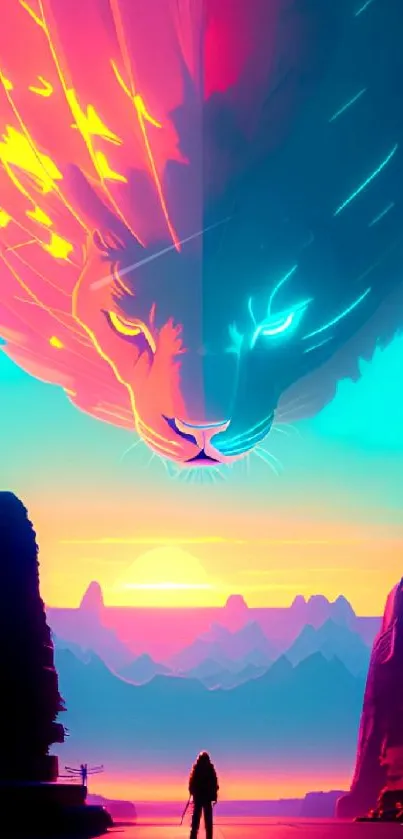 Surreal neon lion in vibrant sunset landscape wallpaper.