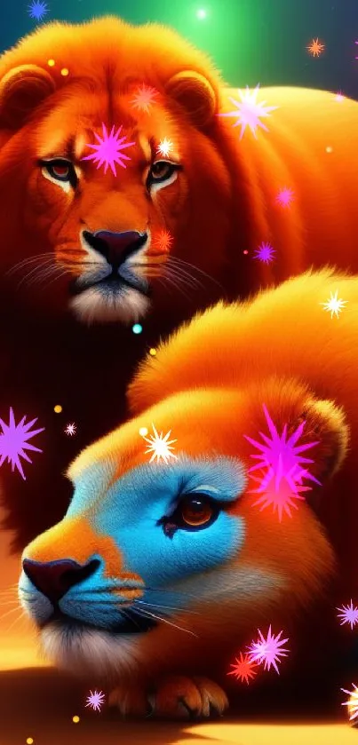 Vibrant lions against a desert backdrop with orange and blue hues.