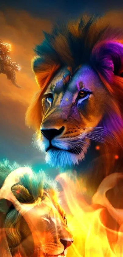 Vibrant fantasy art wallpaper with majestic lions at sunset.