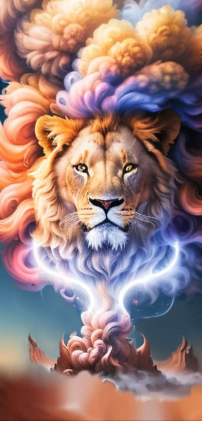 Majestic lion face with colorful swirling clouds in fantasy artwork.