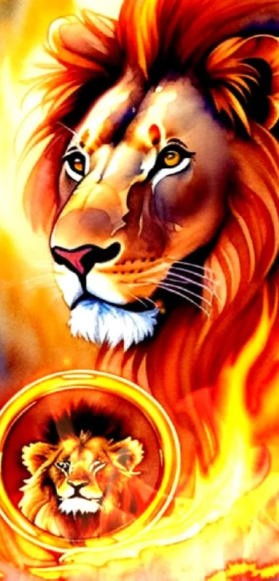 Lion engulfed in vibrant fire hues, perfect for a dynamic wallpaper.