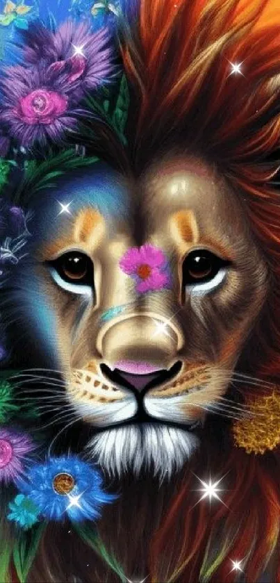 Vibrant lion art with flowers and colorful background.