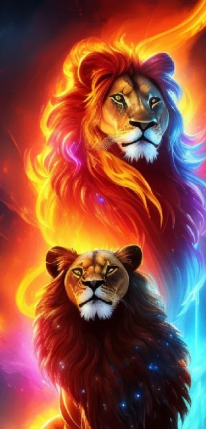 Vibrant lion art with fiery and cosmic elements showcasing vivid colors.