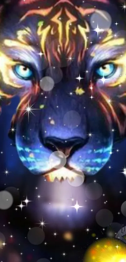 Mystical lion with glowing eyes in a galaxy-themed wallpaper.