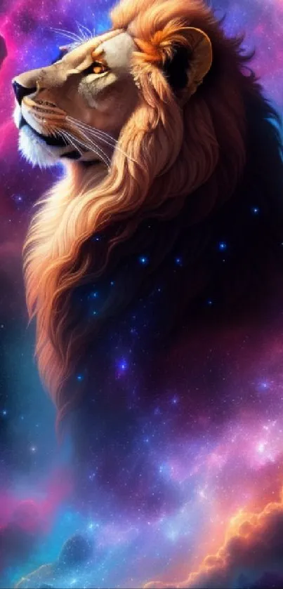 Colorful lion in galaxy-themed mobile wallpaper with vibrant stars.