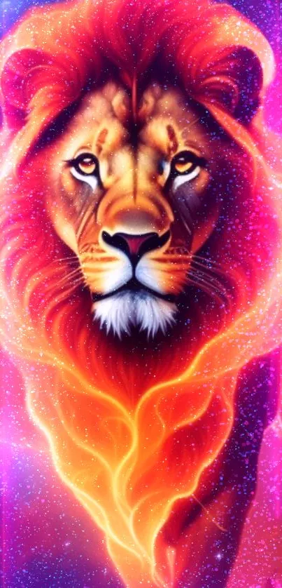 Colorful lion in a galaxy-themed mobile wallpaper.