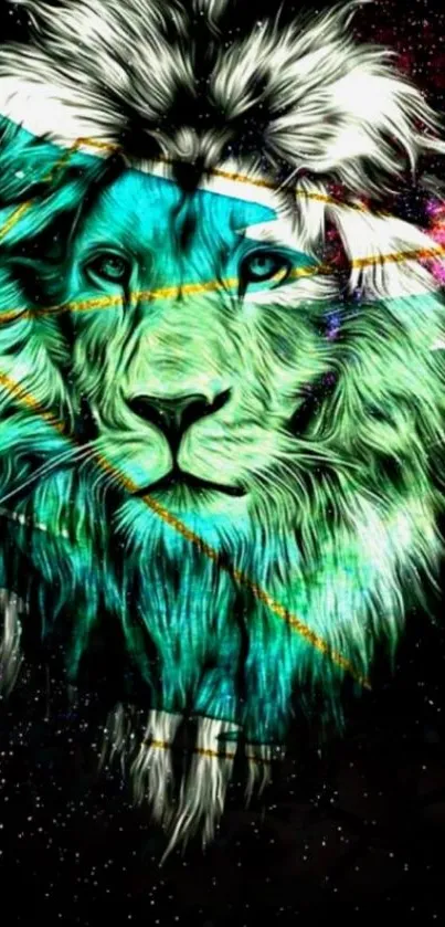 Cyan cosmic lion with galaxy background.