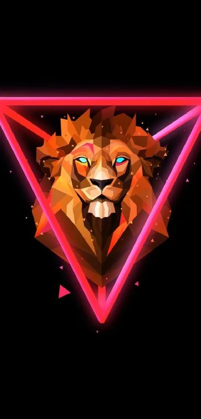 Geometric lion in neon triangle, vibrant orange on black background.