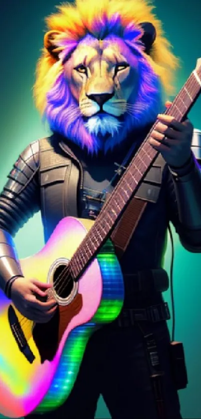 Lion guitarist with vibrant colors on futuristic wallpaper.