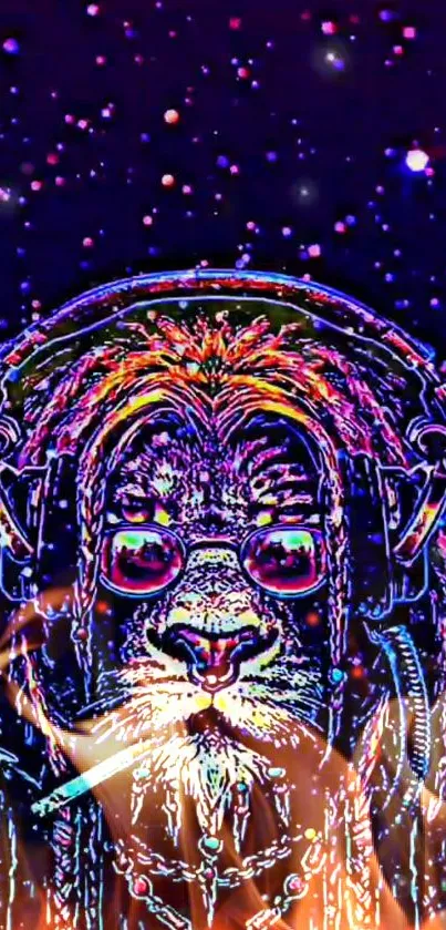 Colorful lion wearing headphones on dark background.