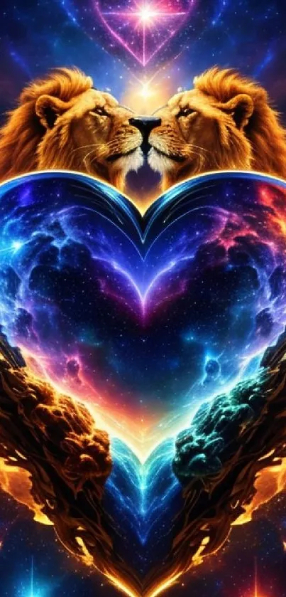 Vibrant lion heart with cosmic galaxy and wildlife art in blue.