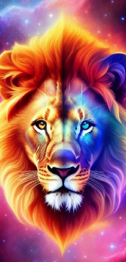 Vibrant lion with cosmic background, featuring colorful galaxy and stars in digital art.