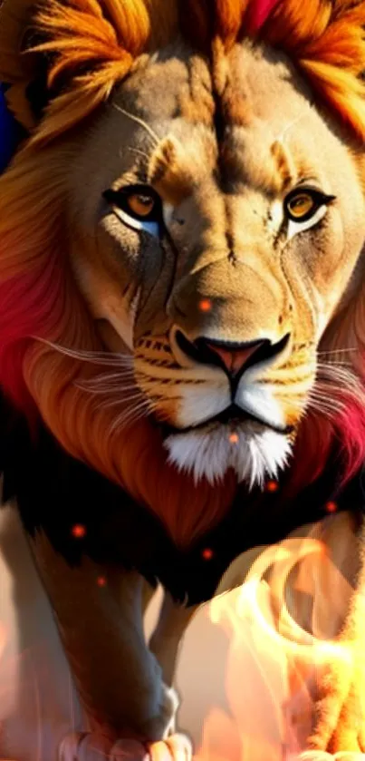 Vibrant lion with colorful mane in flames, fiery artwork.