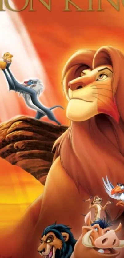 Lion King characters on Pride Rock in orange background scene.