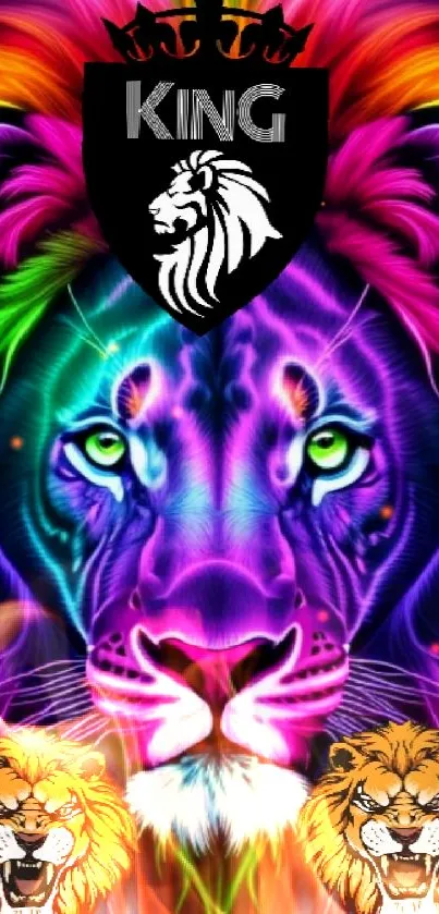 Vibrant neon lion with king emblem in colorful hues.