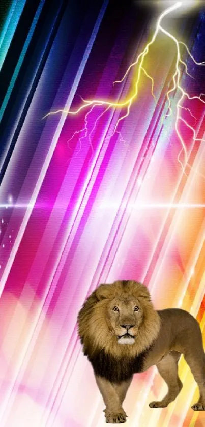 Lion beneath colorful lightning in vibrant wallpaper.