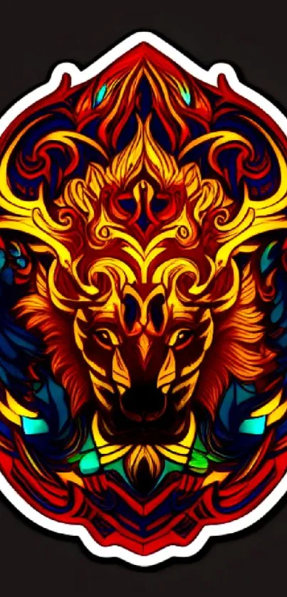 Colorful mandala featuring a vibrant lion in red and yellow hues.