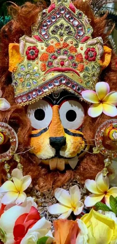 Lion mask with colorful floral decorations on mobile wallpaper.